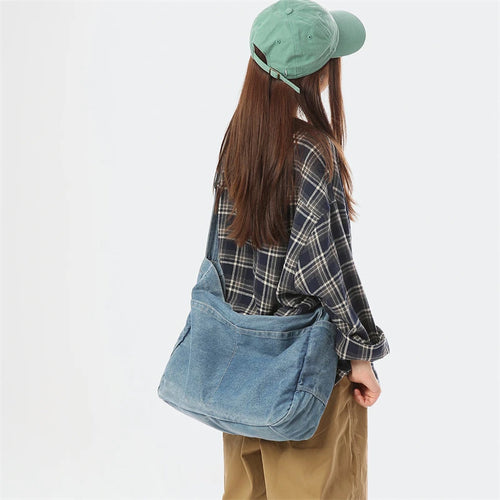 Denim Shoulder Bag for Women – Large Capacity Casual Tote & Crossbody Schoolbag