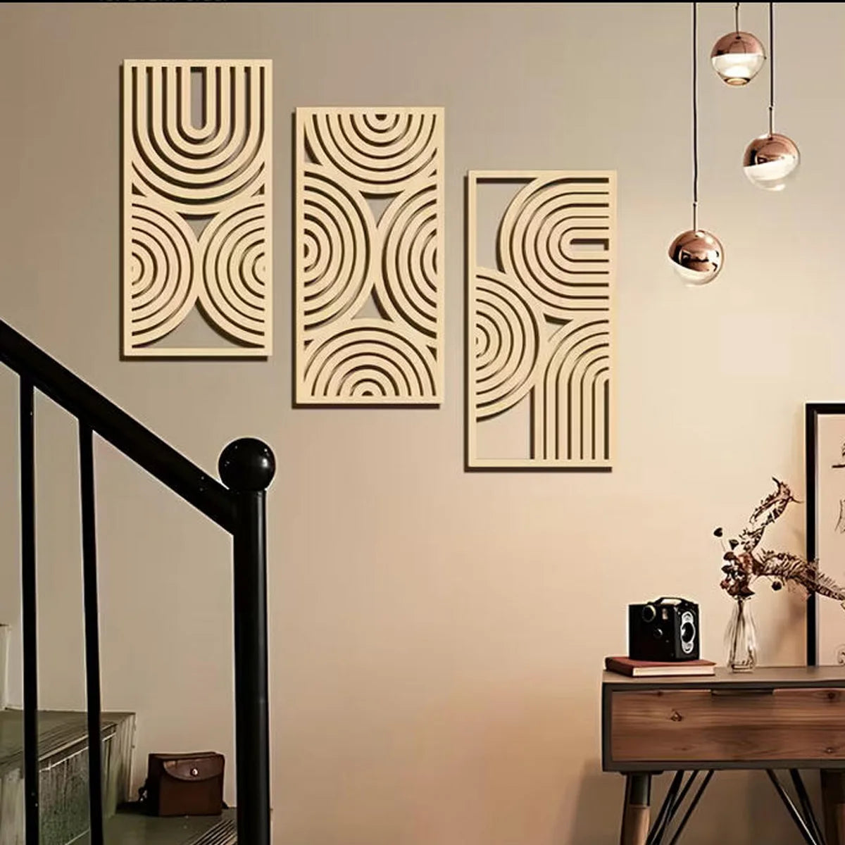 3-Piece Wooden Wall Art Mural Set | Abstract Hollow Arch Bohemian Decor for Kitchen, Bathroom & Living Room