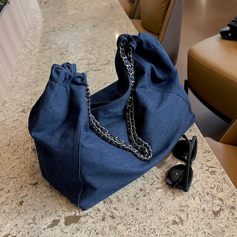 Big Chain Denim Shoulder Tote Bag for Women – Large Capacity Luxury Shopper