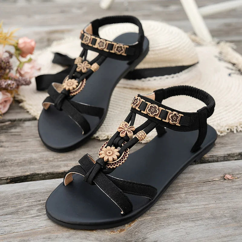 FBA Women's Flower Beaded Bohemian Flat Sandals | Roman Style Beach Shoes