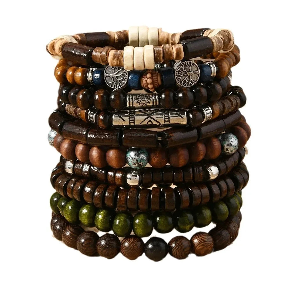 FBA 10-Piece Ethnic Wooden Beaded Bracelet Set | Boho Men's Jewelry