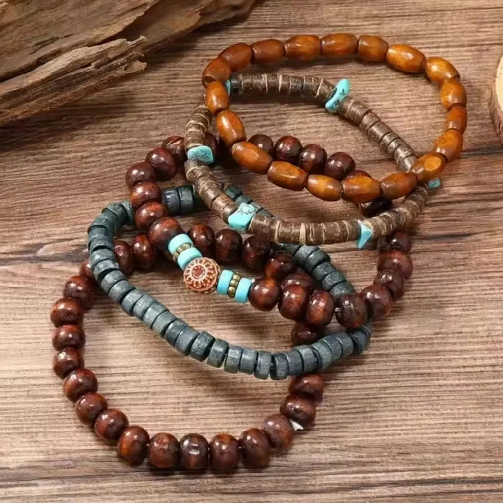 FBA 5-Piece Wood Beaded Elastic Bracelet Set | Unisex Daily Jewelry