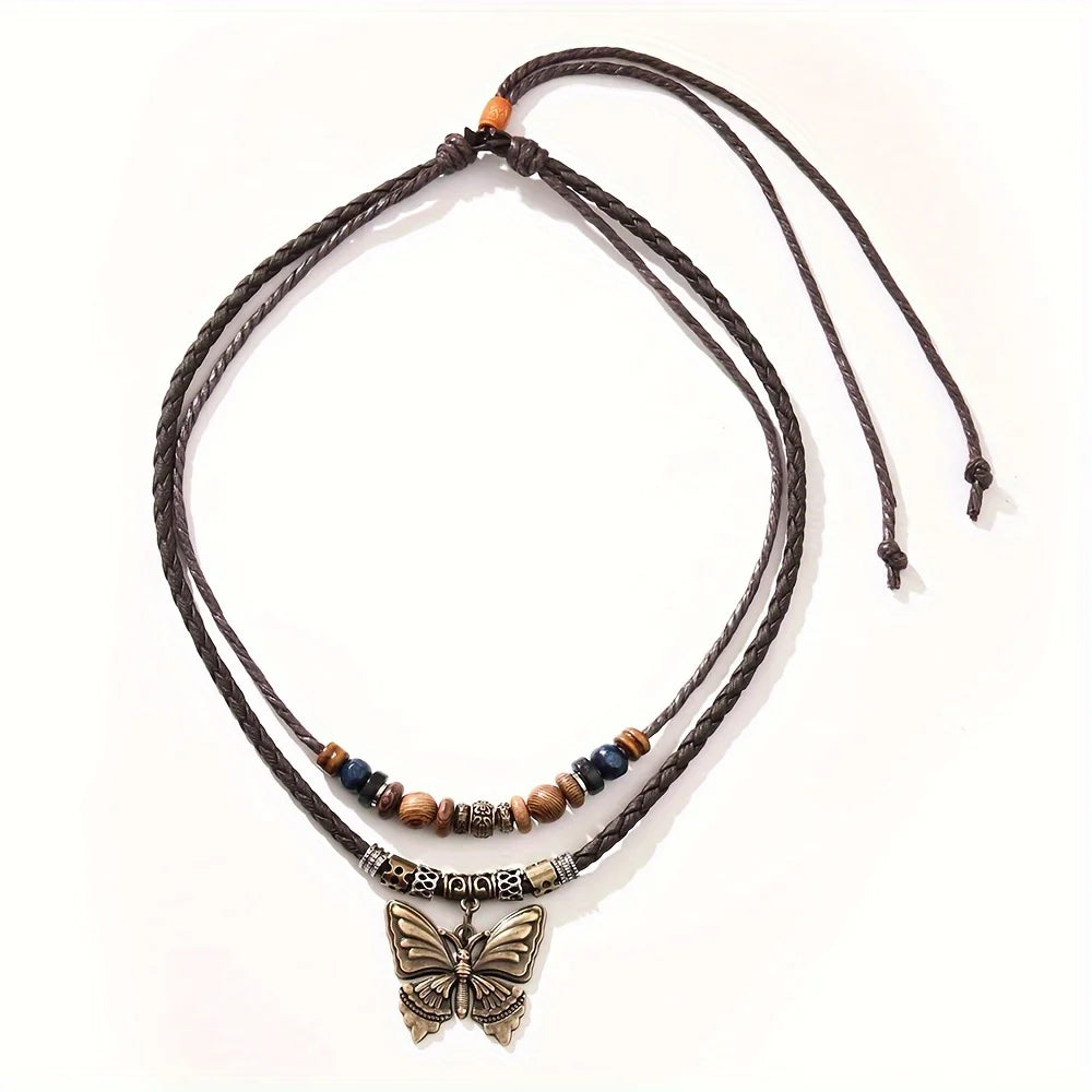 FBA Vintage Butterfly Wood Bead Necklace | Unisex Boho Jewelry