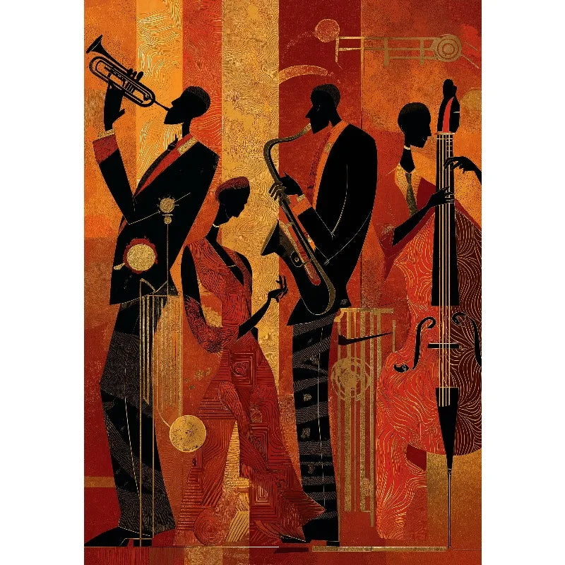 Retro Jazz Band African Musician Canvas Print – Art Deco Wall Art for Home Bar & Living Room