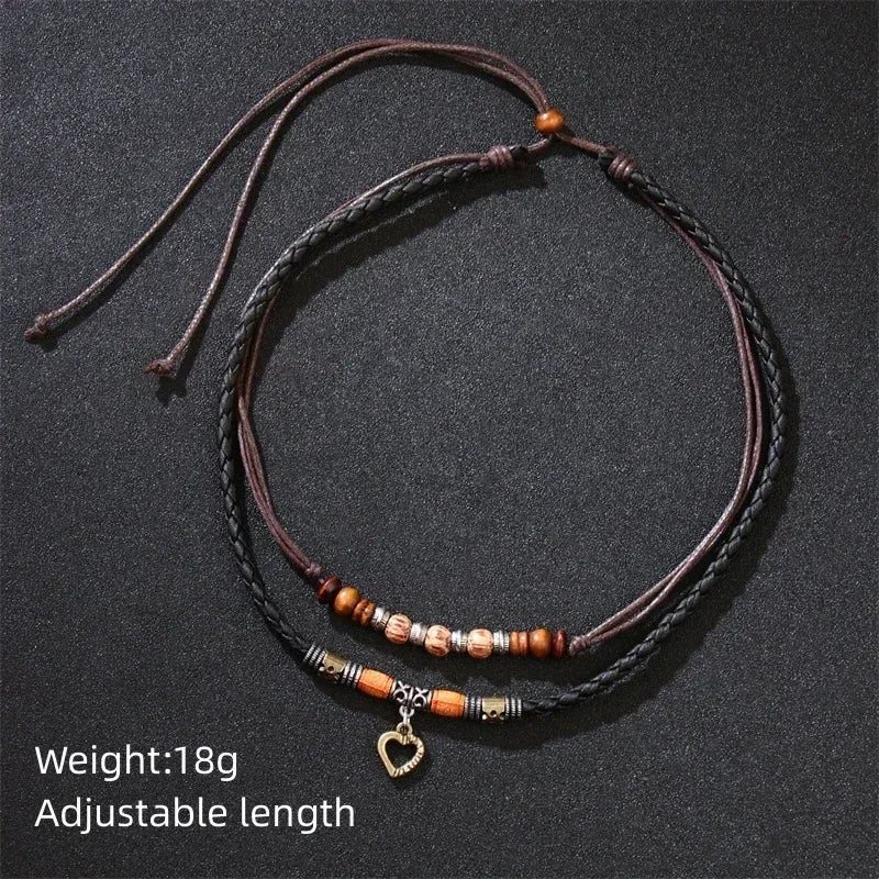 FBA Vintage Boho Leather Heart Necklace | Unisex Long Jewelry