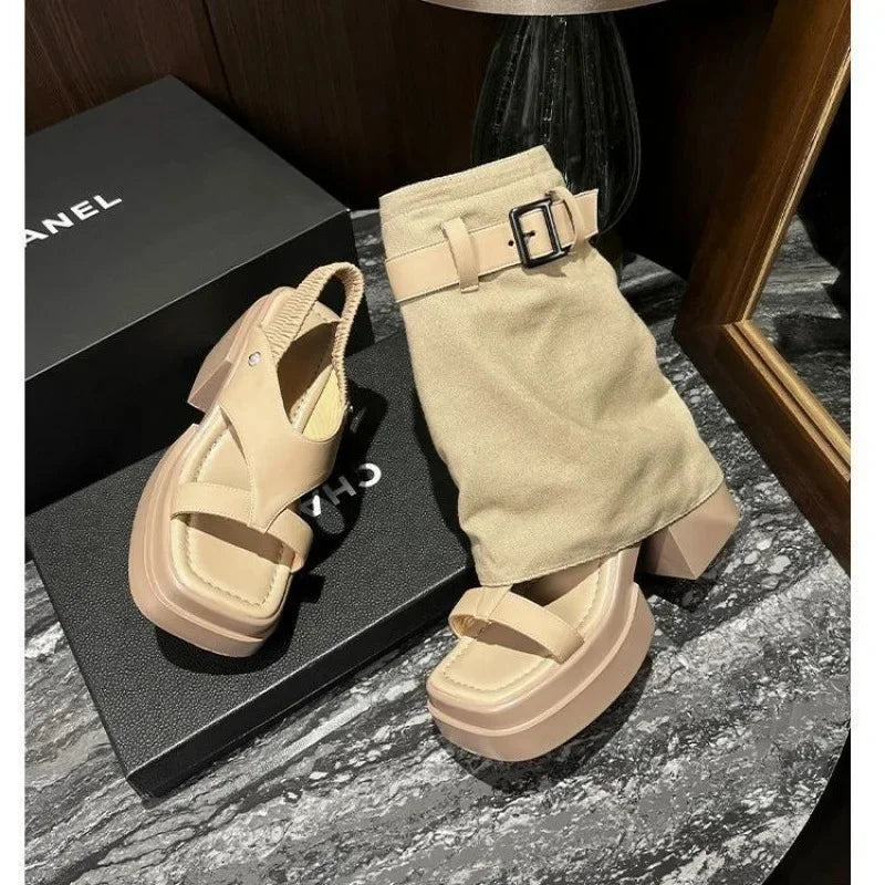Women's Open Toe Denim Ankle Boot — Square Heel, Buckle Strap