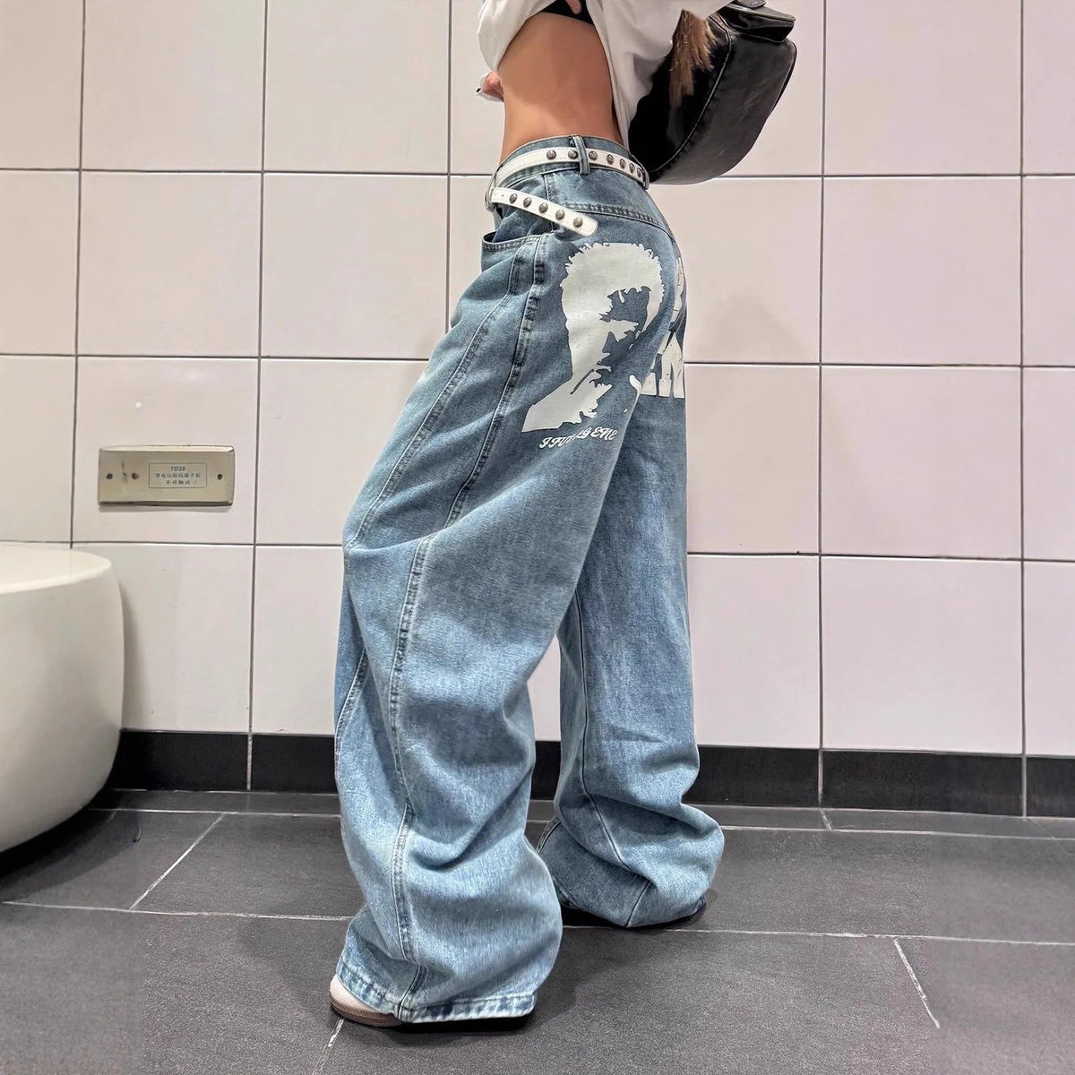 Women's American Retro Letter Print High Waist Wide-Leg Jeans – Loose Slimming Denim Pants | Blue | S–XXXL | FBA Vibes