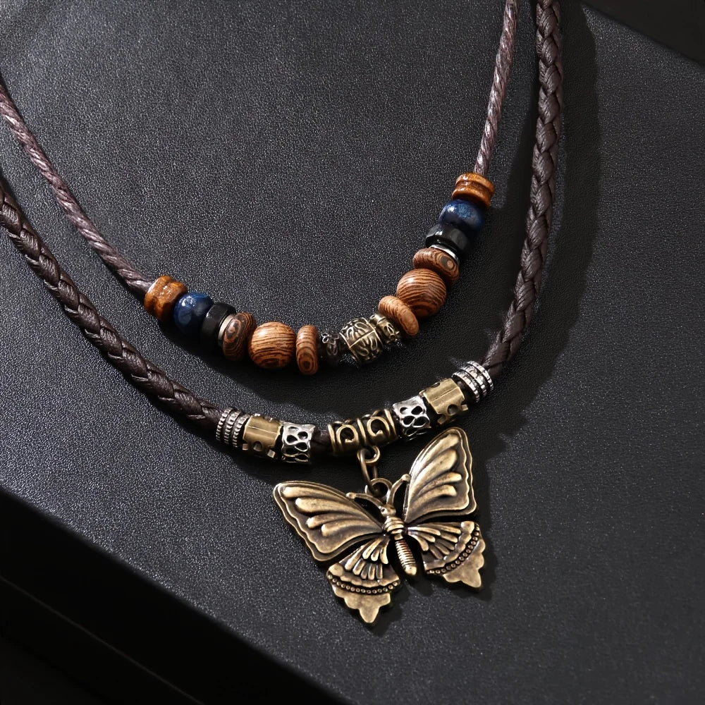 FBA Vintage Butterfly Wood Bead Necklace | Unisex Boho Jewelry