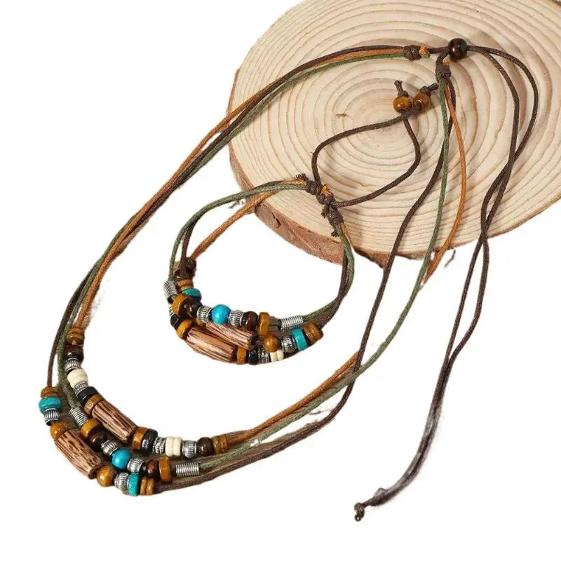 FBA Multilayer Wood Bead Prayer Necklace & Bracelet Set | Boho Gift