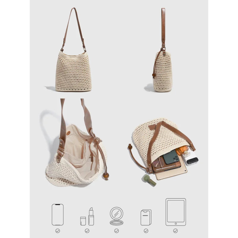 Woven Hollow PU Leather Bucket Tote Bag for Women – 2026 Spring Summer Beach Vacation Shoulder & Underarm Bag