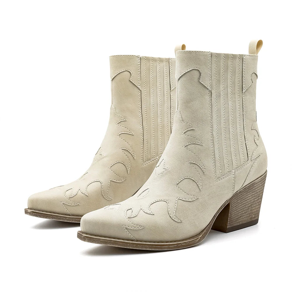 Women's Embroidered Western Cowgirl Pull-On Block Heel Ankle Boot | FBA Vibes