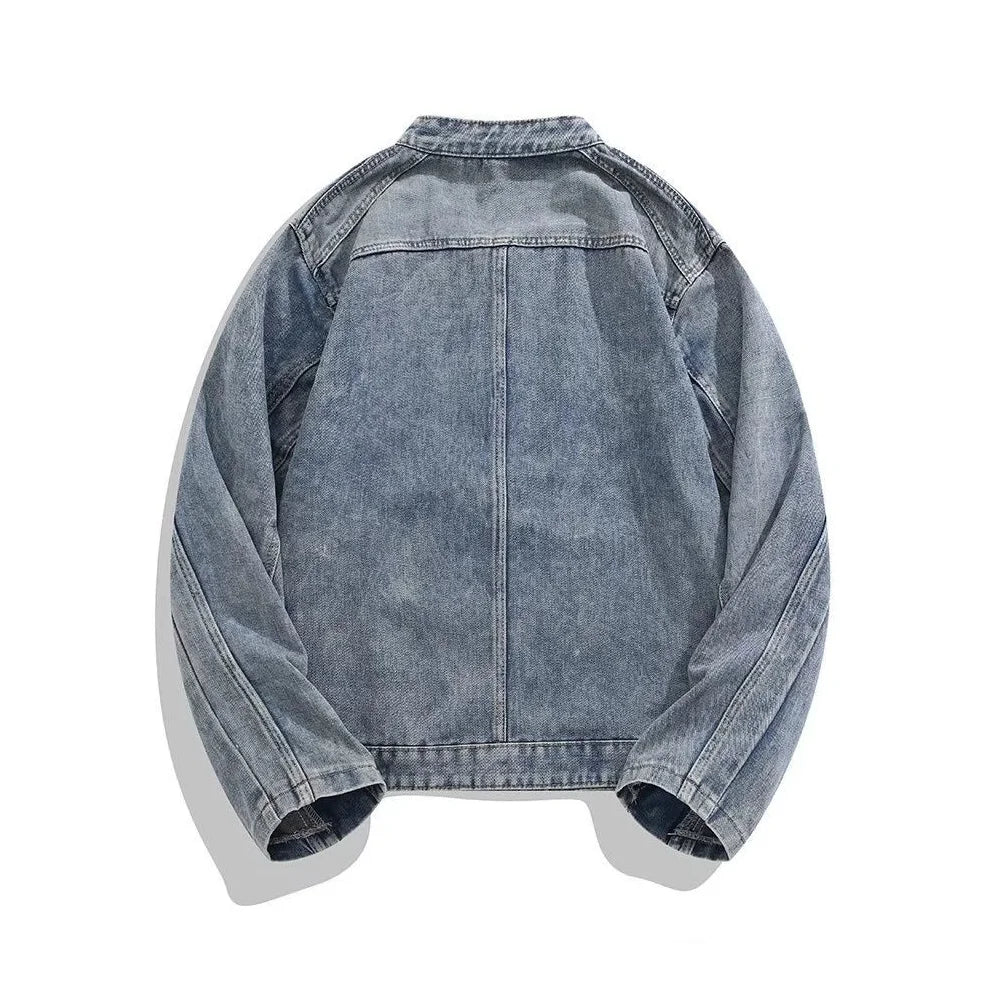 Men's Slim Fit Washed Vintage Biker Denim Jacket – Round Neck Zip-Up Streetwear | Blue | S–XXL | FBA Vibes