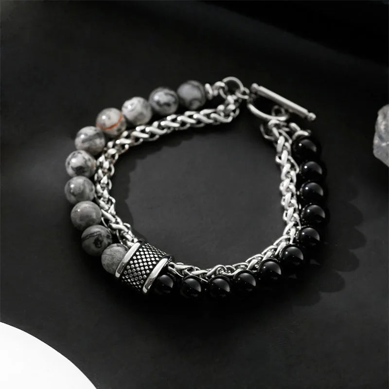 FBA Simple Black Natural Stone Beaded Chain Bracelet | Men's Travel Jewelry