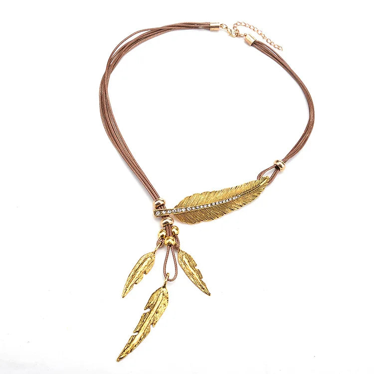 FBA Feather Rhinestone Tassel Necklace | Silver Leather Rope Jewelry