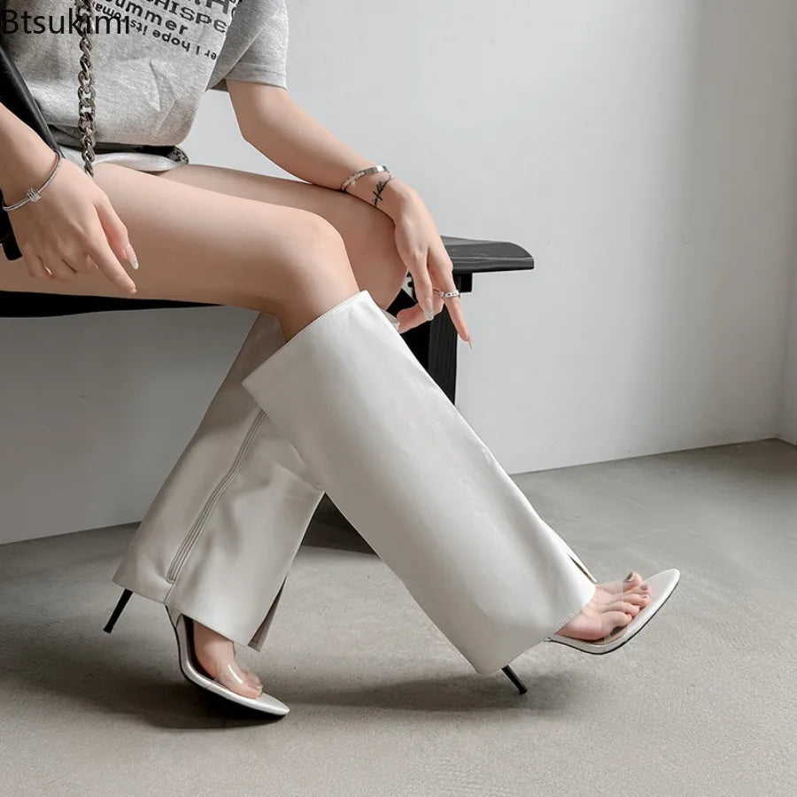 Women's Open Toe Knee-High Chelsea Boot — Stiletto Heel, Side Zip