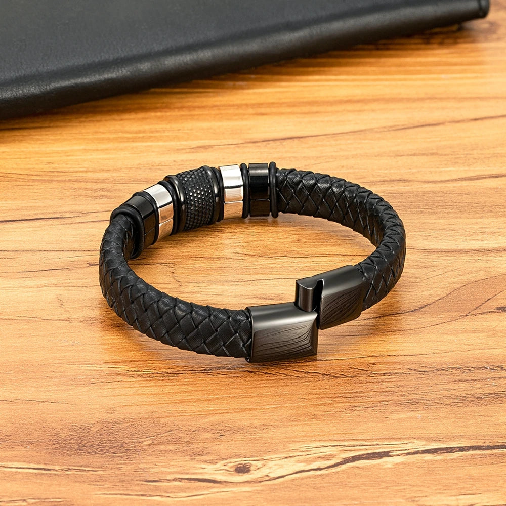 FBA Men's Stainless Steel Beaded Leather Rope Bracelet | Charm Jewelry Gift