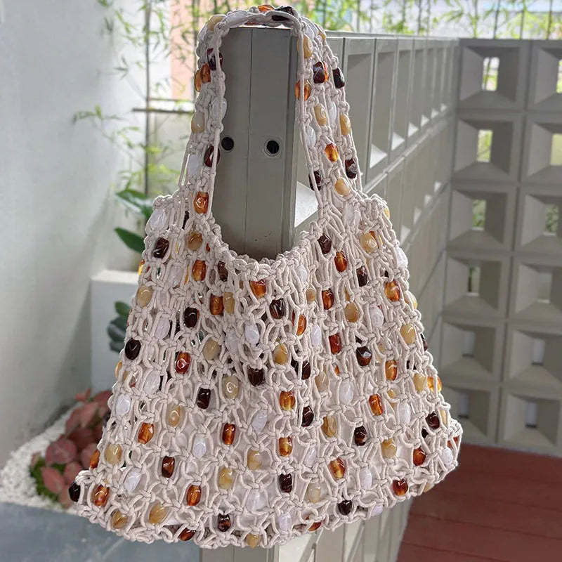 Handmade Woven Beaded Lattice Bag with Wooden Handle – Openwork Shoulder Tote