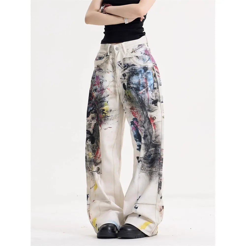 Women's Retro Graffiti Wide-Leg Jeans – High Street Hip Hop Loose Denim Pants | White | S–XXL | FBA Vibes