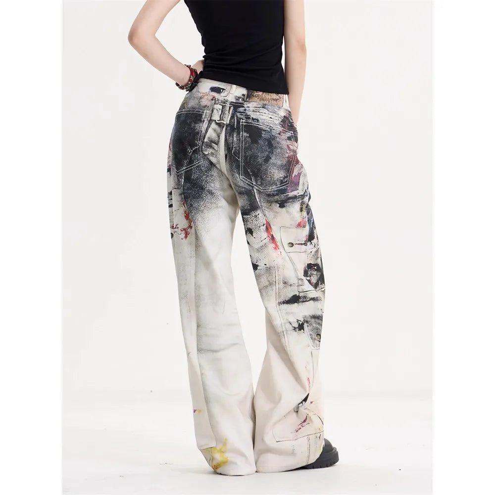 Women's Retro Graffiti Wide-Leg Jeans – High Street Hip Hop Loose Denim Pants | White | S–XXL | FBA Vibes