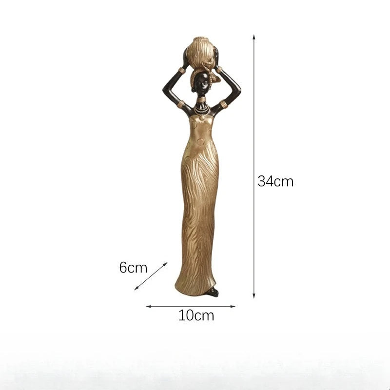 African Woman Resin Statue | Tribal Lady Figurine in Black & Gold for Living Room & Home Decor
