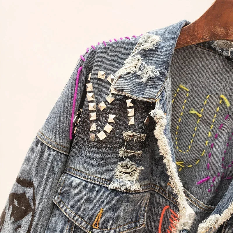 Women's Graffiti Frayed Raw Cut Denim Jacket – Short Rivet Fringe Jean Coat | Blue | S–XL | FBA Vibes