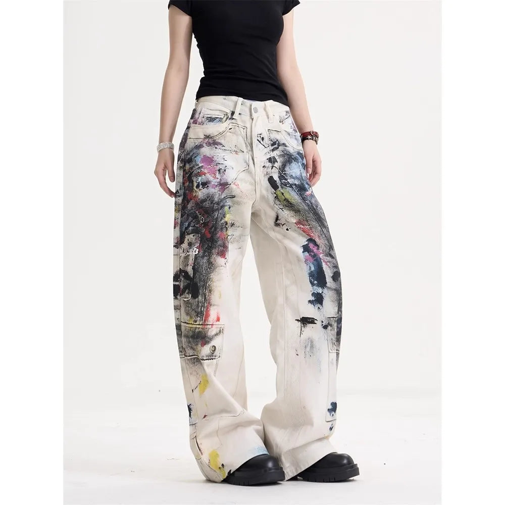 Women's Retro Graffiti Wide-Leg Jeans – High Street Hip Hop Loose Denim Pants | White | S–XXL | FBA Vibes