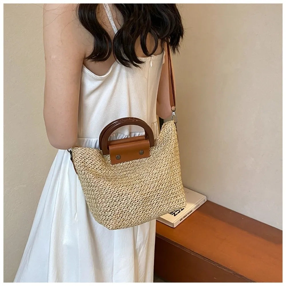 Hand Woven Straw Top Handle Crossbody Bag – Bohemian Beach Vacation Tote