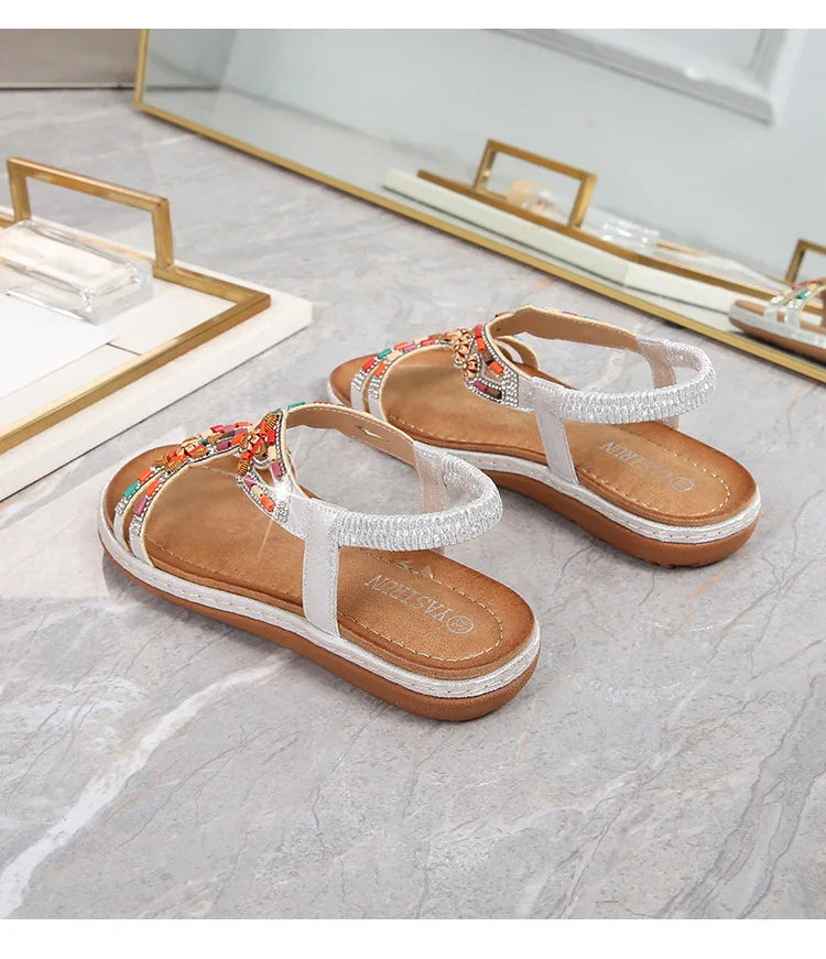 FBA Women's Rhinestone Bohemian Hollow Flat Sandals | Summer Casual Shoes