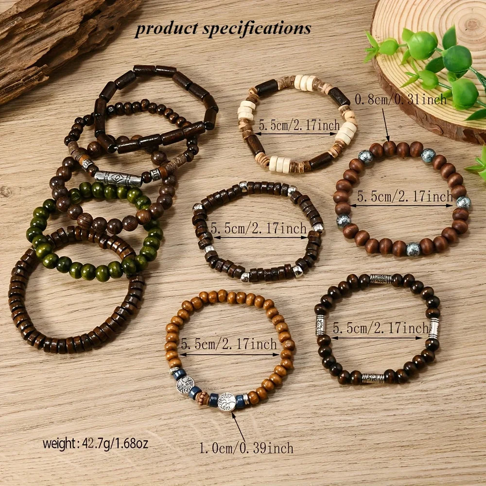FBA 10-Piece Ethnic Wooden Beaded Bracelet Set | Boho Men's Jewelry