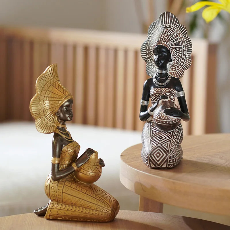 African Woman Resin Statue | Tribal Lady Figurine in Black & Gold for Living Room & Home Decor