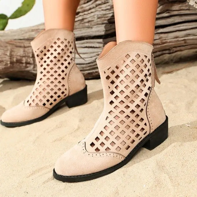 Women's Hollow-Out Western Ankle Bootie with Low Chunky Heel