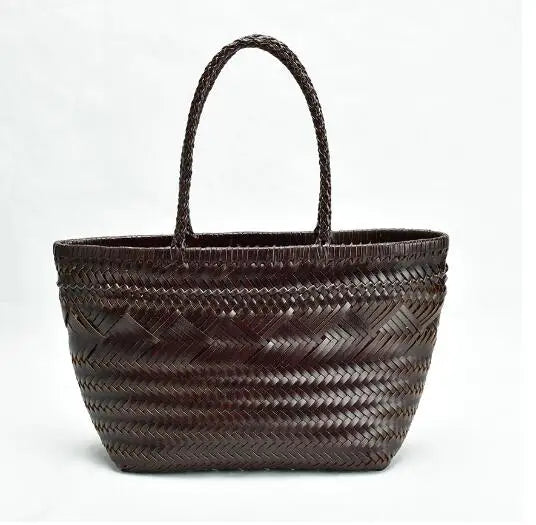 Vintage Hobo Manual Woven Genuine Leather Tote Bag – Hollow-Out Basket Shopping Bag for Women