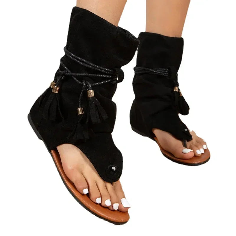 Women's Open Toe Flat Sandal Boot — Tassel Detail, Roman Style