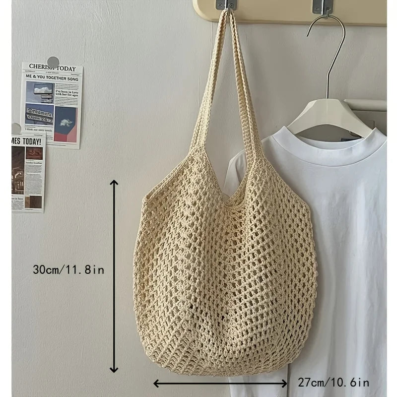 Women's Casual Large Capacity Woven Open-Top Beach Tote – Breathable Adjustable Strap Shoulder Bag