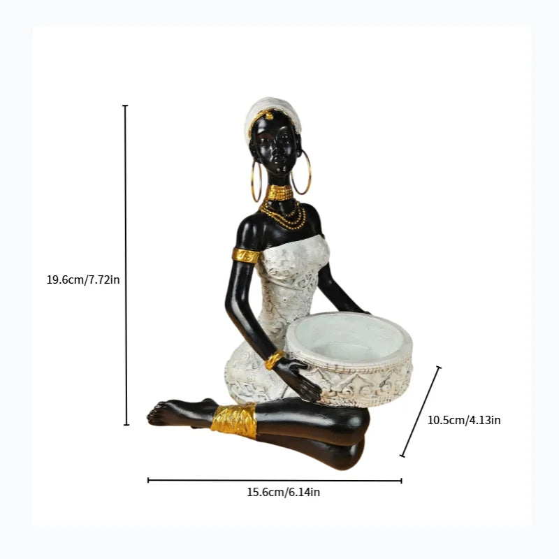 Bohemian African Woman Tray Sculpture | 2-in-1 Resin Decor & Storage Ornament