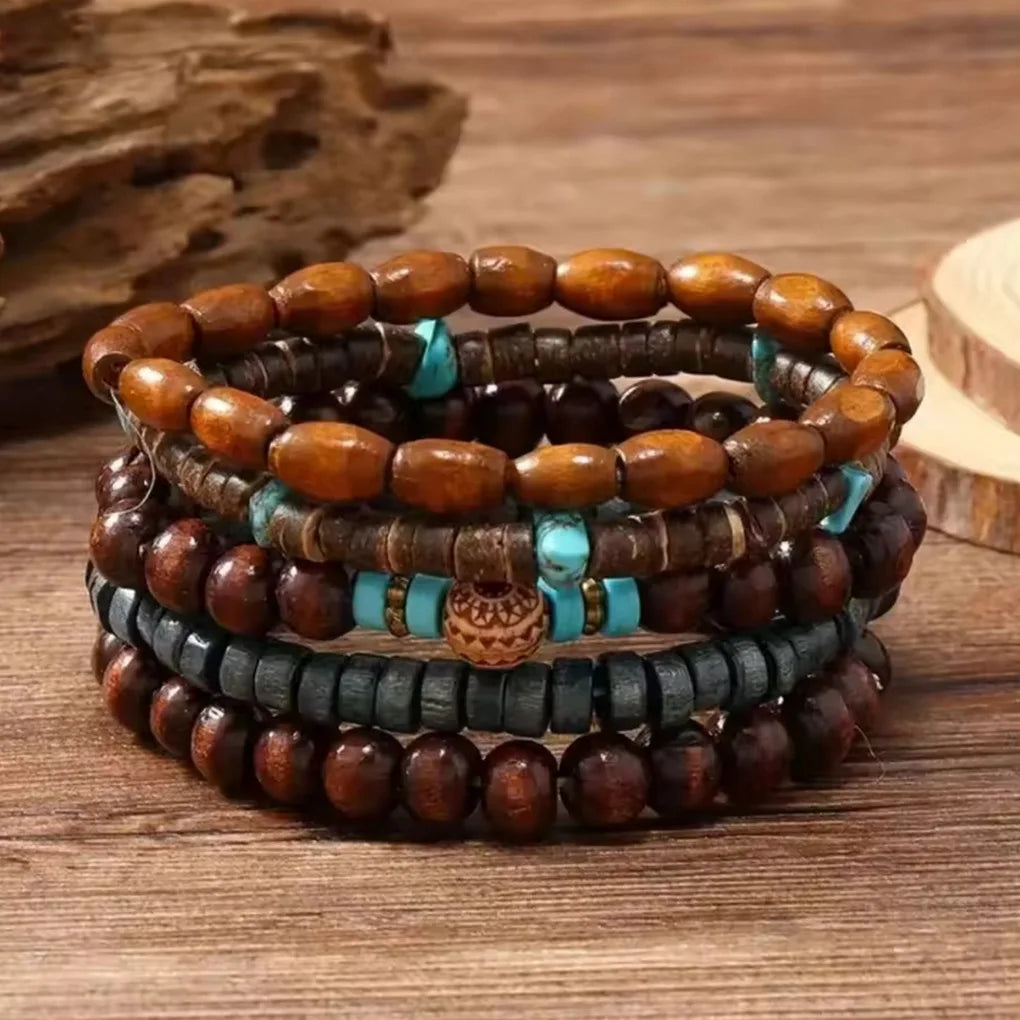 FBA 5-Piece Wood Beaded Elastic Bracelet Set | Unisex Daily Jewelry