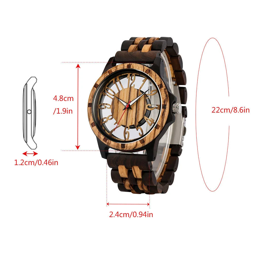 FBA Men's Skeleton Hollowed-Out Wood Watch | Transparent Dial Quartz Wristwatch