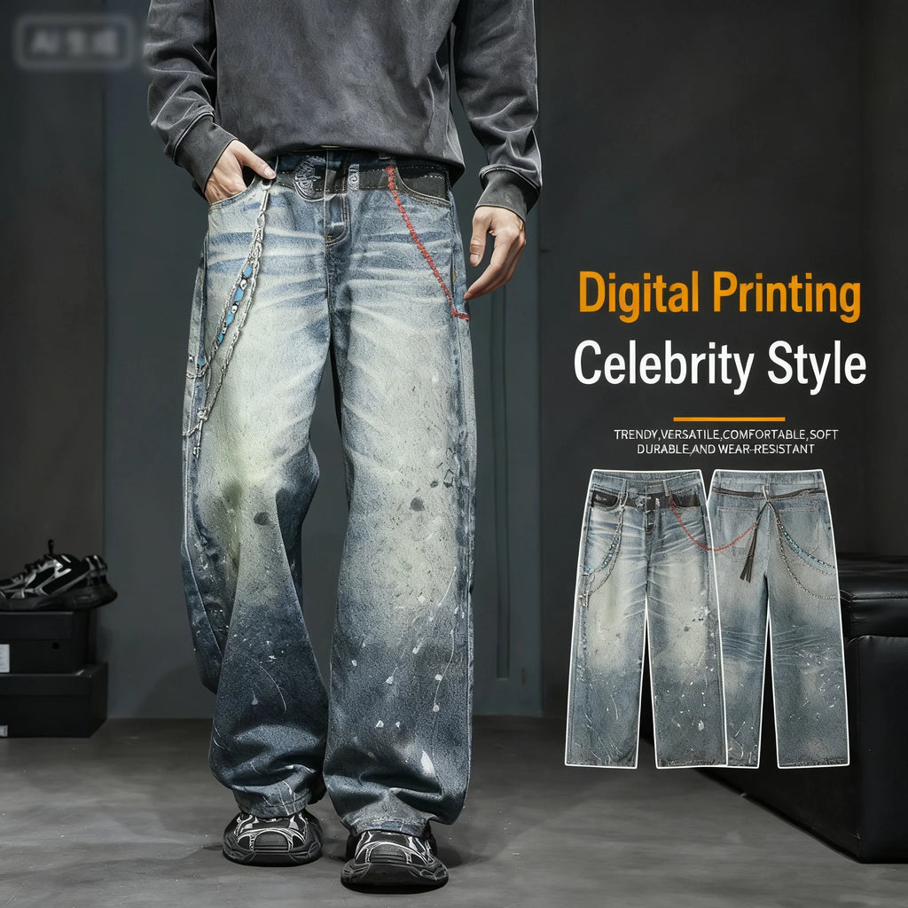 Men's American Retro Washed Distressed High Waist Straight Leg Loose Jeans – Chain Print Streetwear Denim | S–XXL | FBA Vibes