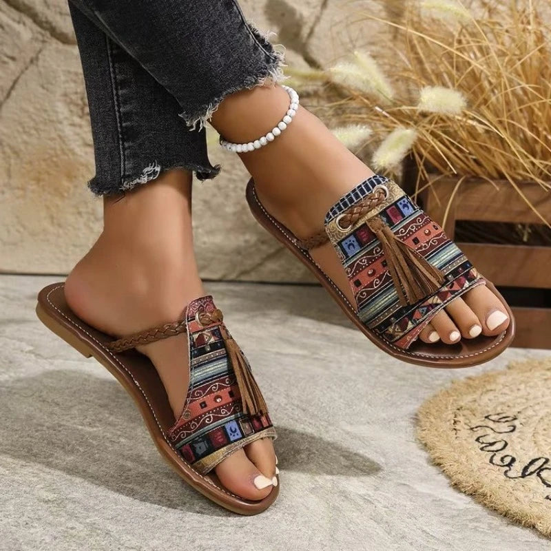 FBA Women's Ethnic Style Round Head Slides | Plus Size Beach Slippers