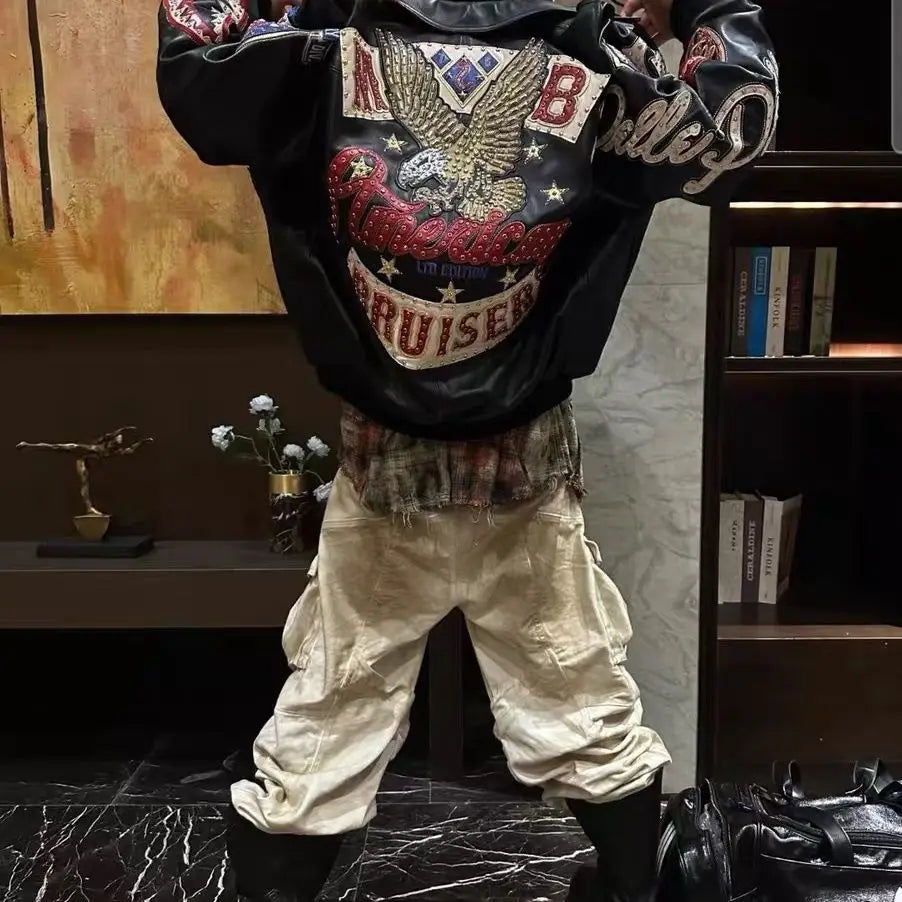 Men's Heavy Embroidery American Retro Leather Flight Jacket – Motorcycle Stand Collar Coat | 7 Colors | S–XXL | FBA Vibes