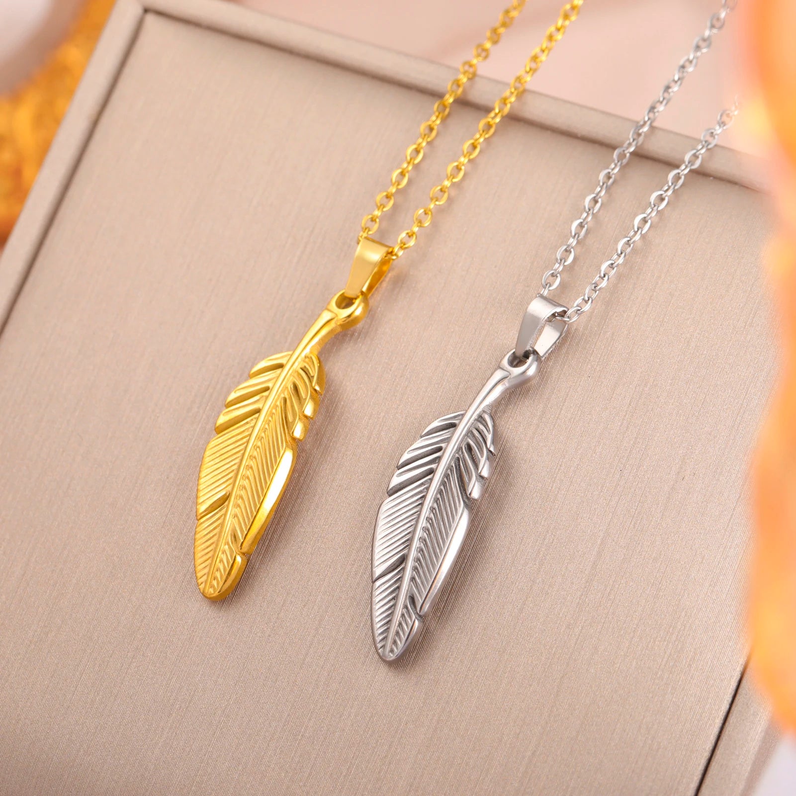 FBA Stainless Steel Feather Leaf Pendant Necklace | Women's Gold Jewelry