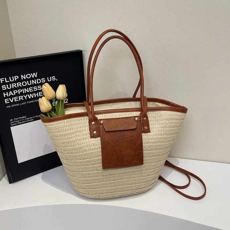 Bohemian Straw Woven Tote Bag with Leather Trim – Large Capacity Beach Vacation Shoulder Bag