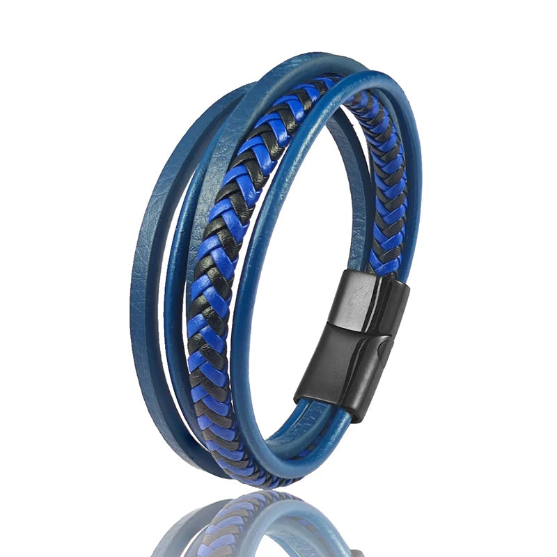 FBA Men's Multilayer Blue Leather Stainless Steel Bracelet | Luxury Jewelry