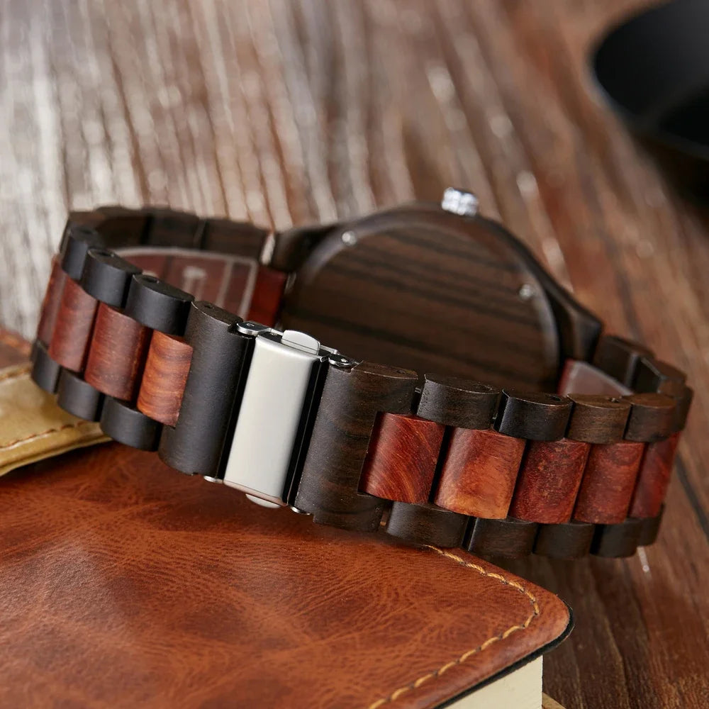 FBA Men's Double Color Plaid Wood Watch | Business Casual Wooden Wristwatch