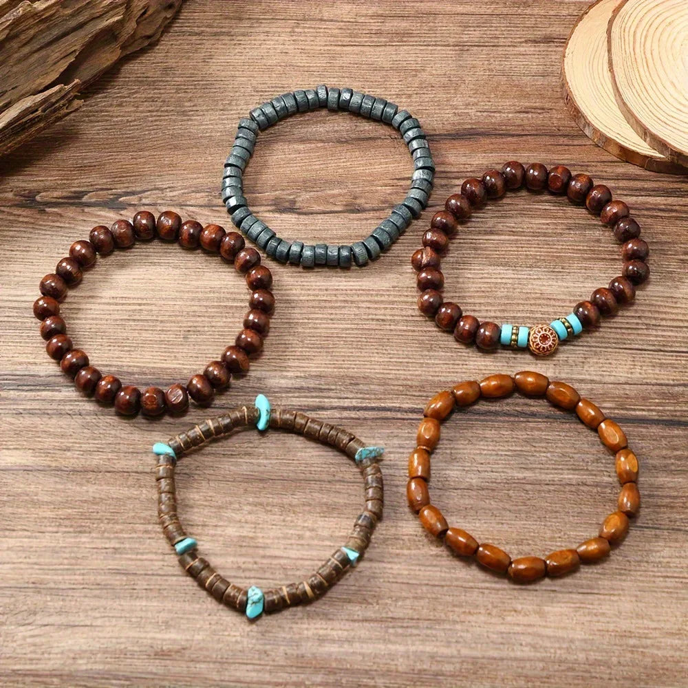 FBA 5-Piece Wood Beaded Elastic Bracelet Set | Unisex Daily Jewelry