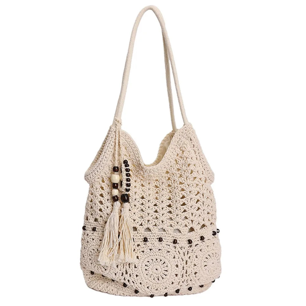 Bohemian Crochet Tote Bag with Bead Fringe Charm – Hollow-Out Knitted Ethnic Boho Weave Bag