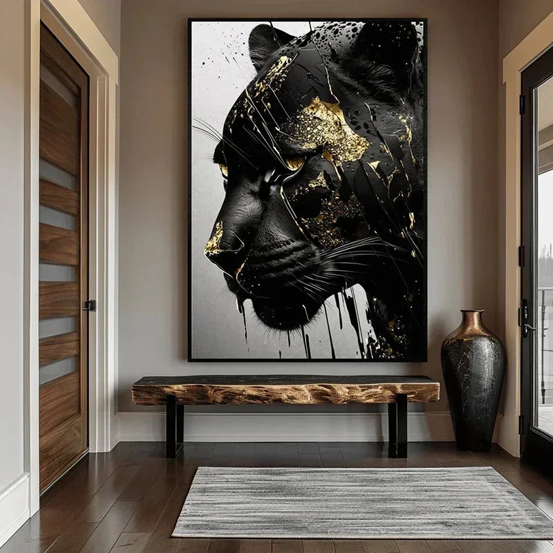 Black Panther Abstract Canvas Print | Black & Gold Wall Art for Living Room Home Decor