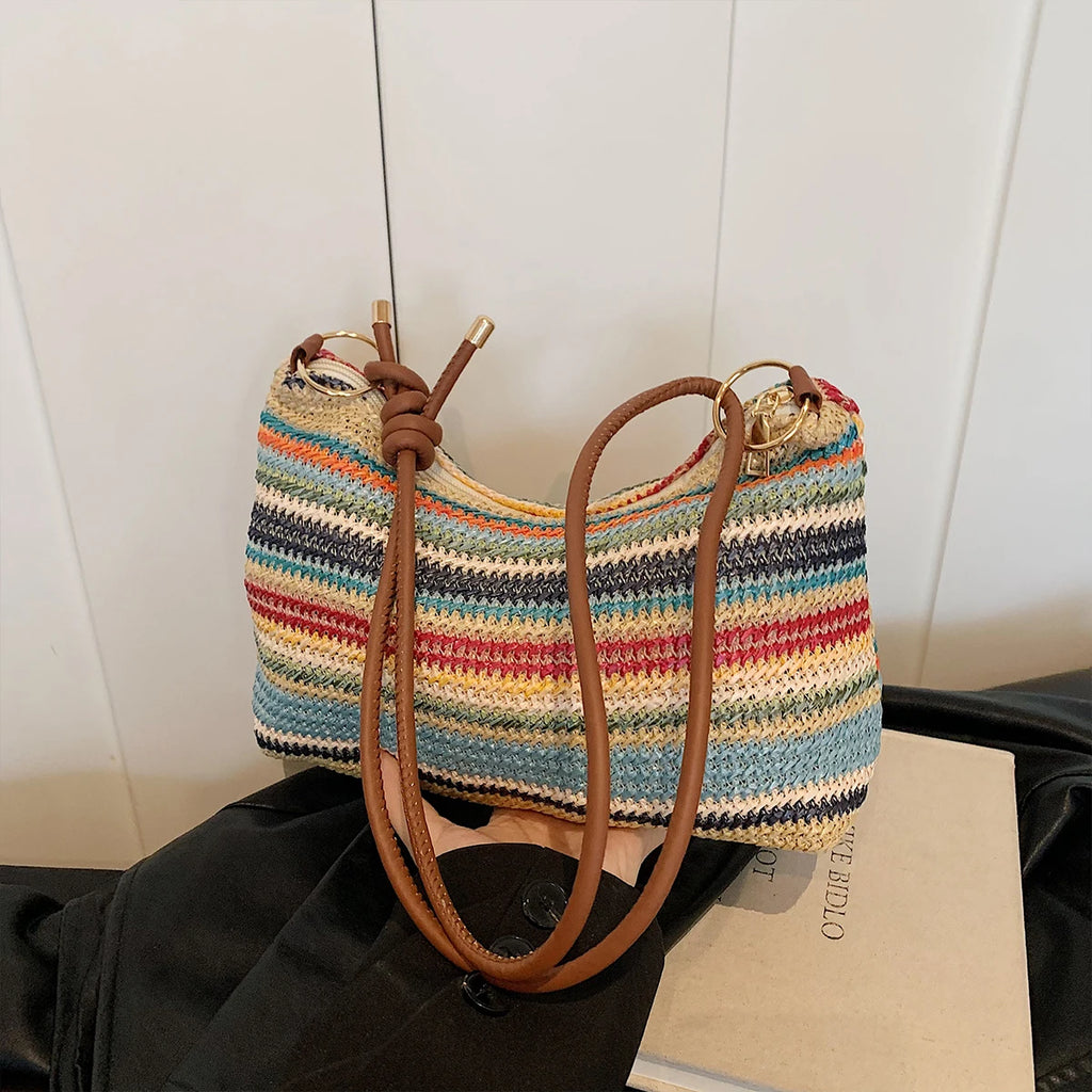 Women's Striped Woven Straw Tote Bag with Detachable Coin Purse – Zip Closure Beach Vacation Bag