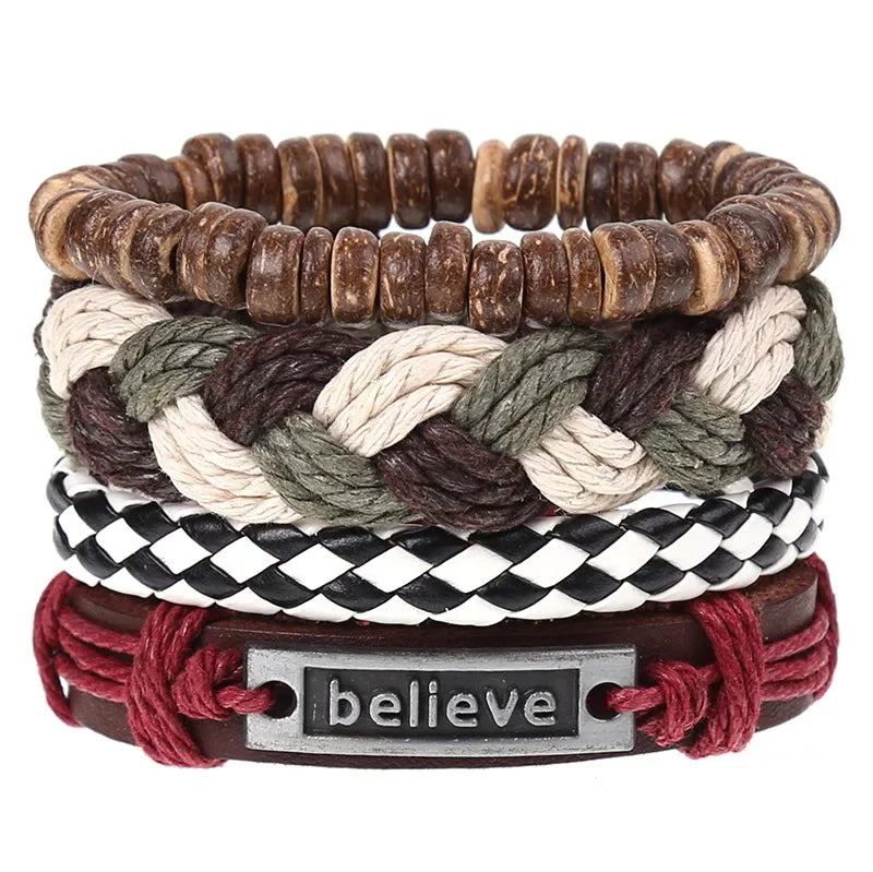 FBA 4-Piece Braided Leather Ethnic Wristband Set | Hope Believe Bracelet