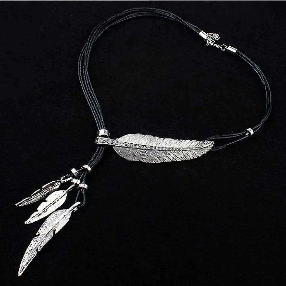 FBA Feather Rhinestone Tassel Necklace | Silver Leather Rope Jewelry